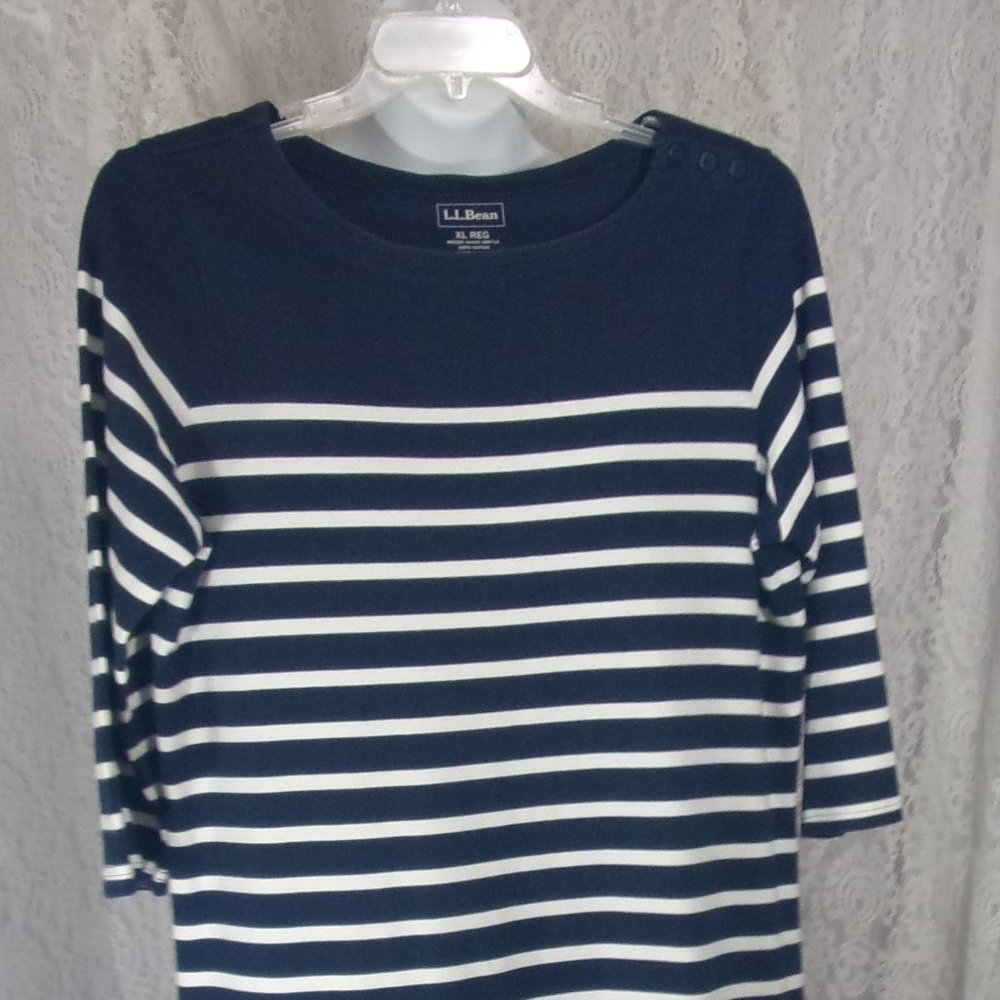 L.L. Bean Cotton Knit Summer Midi Dress Navy & White